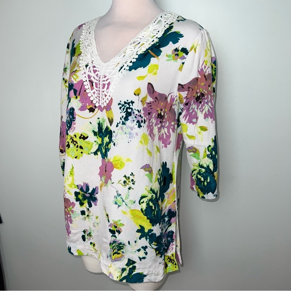 Premise Floral Crochet Lace V-Neck Blouse Women’s Large White Multicolor Boho - Picture 3 of 12